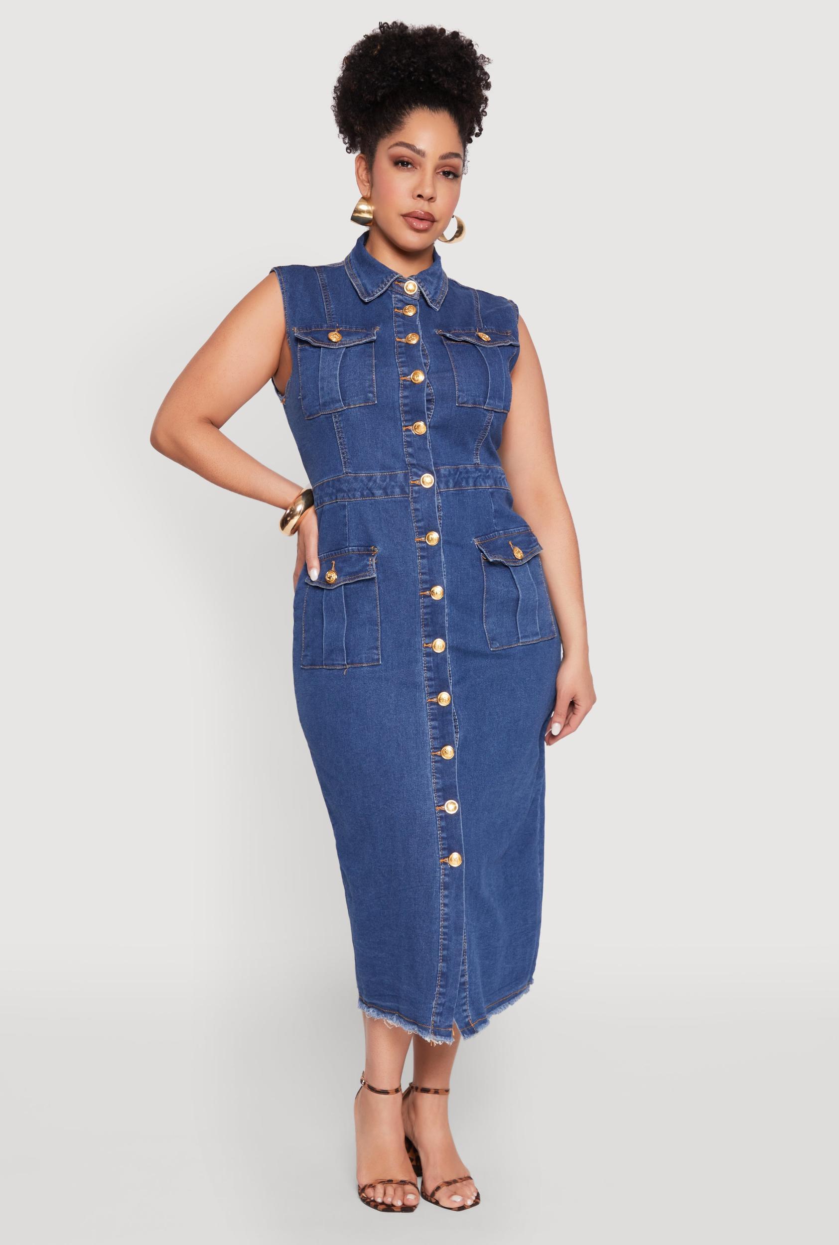 Womens Plus Size Daisy Denim Sleeveless Utility Maxi Dress Product Image