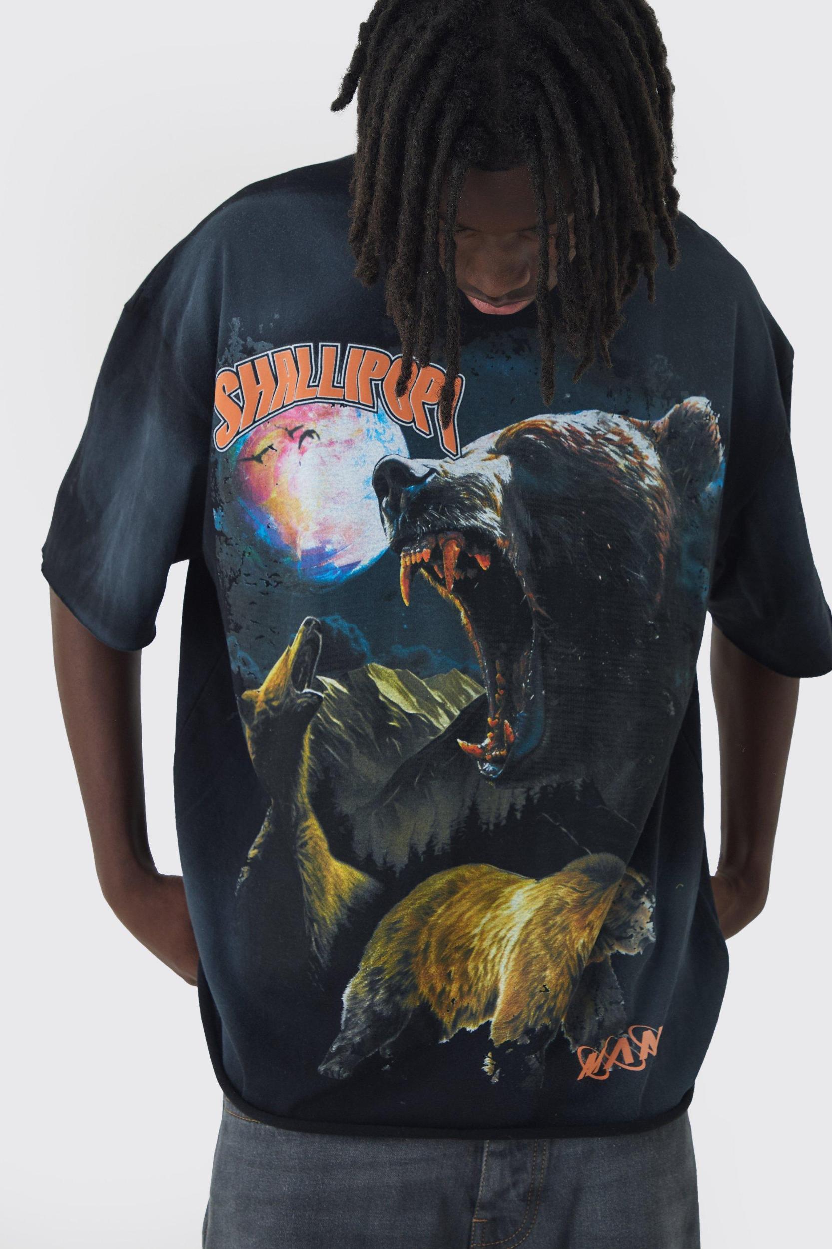Mens Oversized Extended Neck Bear Washed T-shirt - Black Product Image