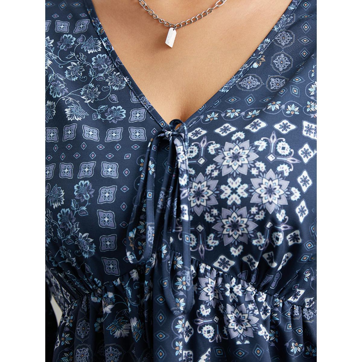 Plus Size Stone Bandana Print Bowknot Frill Trim Blouse Women Elegant Long Sleeve V-neck Dailywear Blouses BloomChic 28/5X Product Image