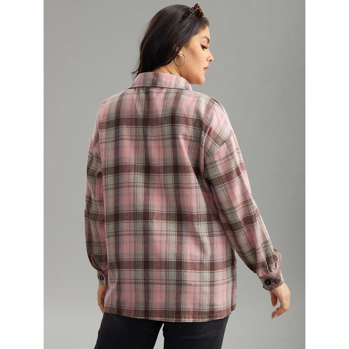 Plus Size Plaid Contrast Flap Pocket Button Fly Shacket Women Watermelon Casual Contrast Ladies Dailywear Winter Coats BloomChic 10/M Product Image