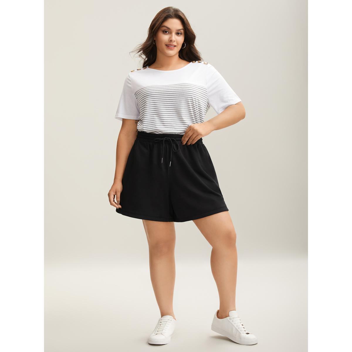 Plus Size Drawstring Slit Supersoft Pull-On Shorts Women Black Casual Drawstring Loose Everyday Shorts BloomChic 10/M Product Image