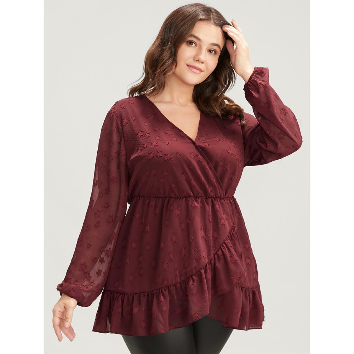Plus Size Burgundy Star Mesh Lantern Sleeve Surplice Neck Ruffle Hem Blouse Women Glamour Long Sleeve V-neck Going out Blouses BloomChic 28/5X Product Image