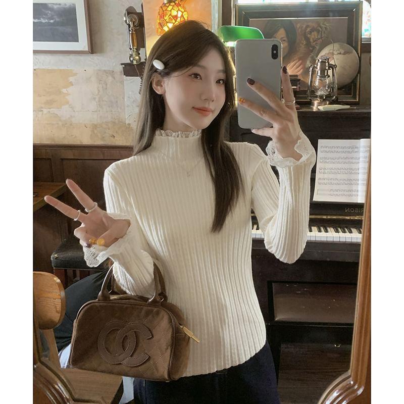 Mock Neck Plain Lace Trim Ribbed Sweater Product Image