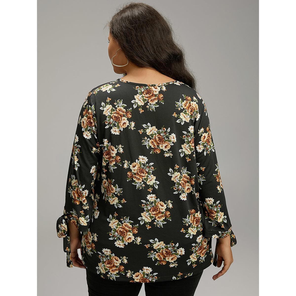 Plus Size Floral Print V Neck Ties Sleeve T-shirt Black Women Casual Cross straps Floral V-neck Dailywear T-shirts BloomChic 18-20/2X Product Image