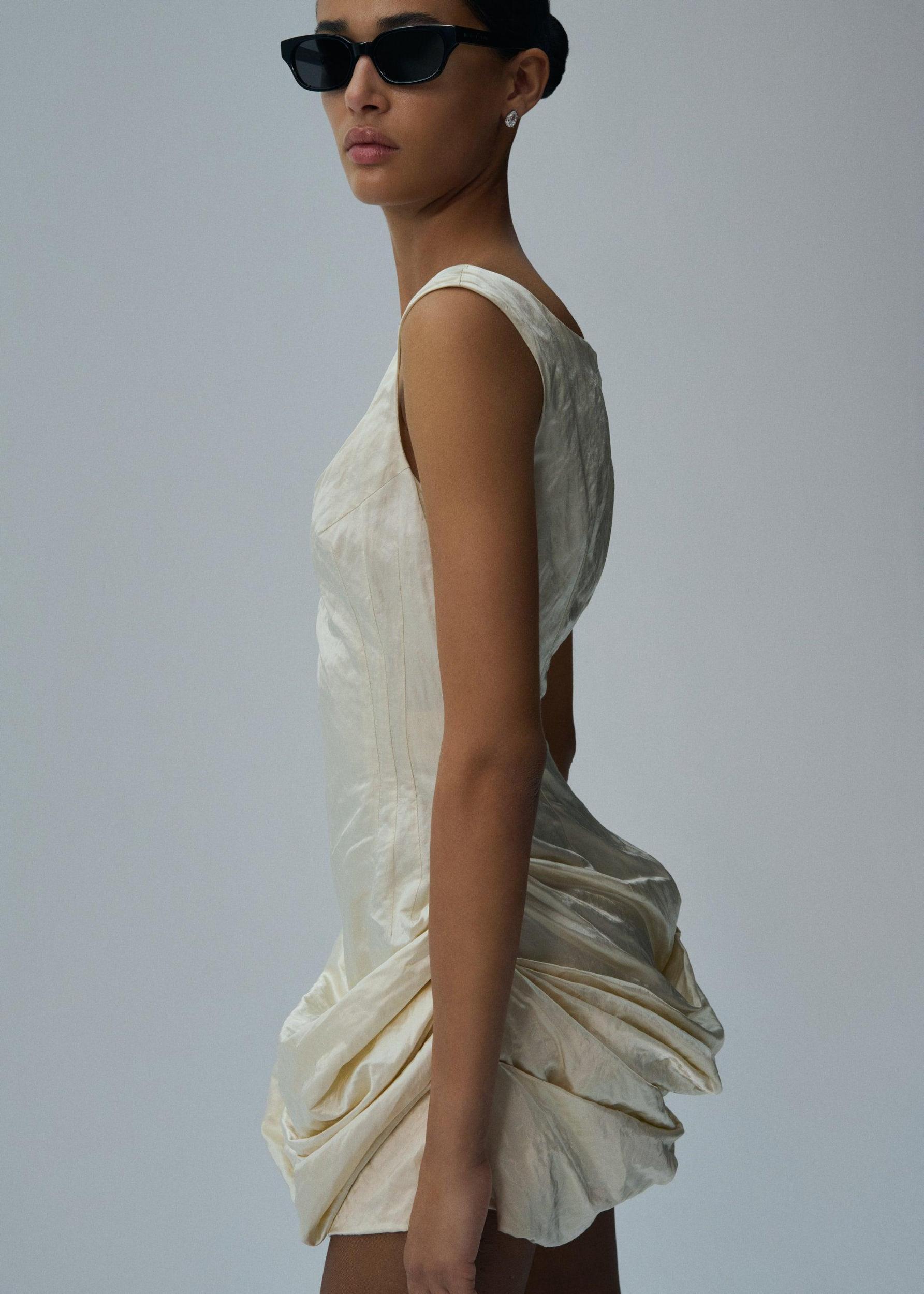 Round neck ruched cotton mini dress in cream Product Image