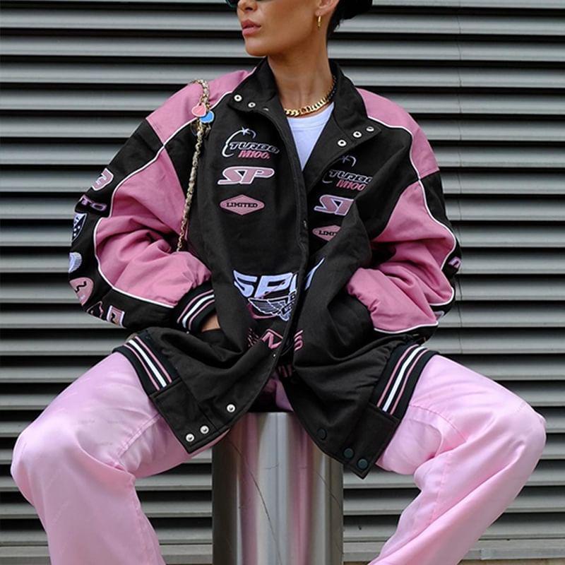 Long Sleeve Color-Block Lettering Print Loose-Fit Jacket Product Image