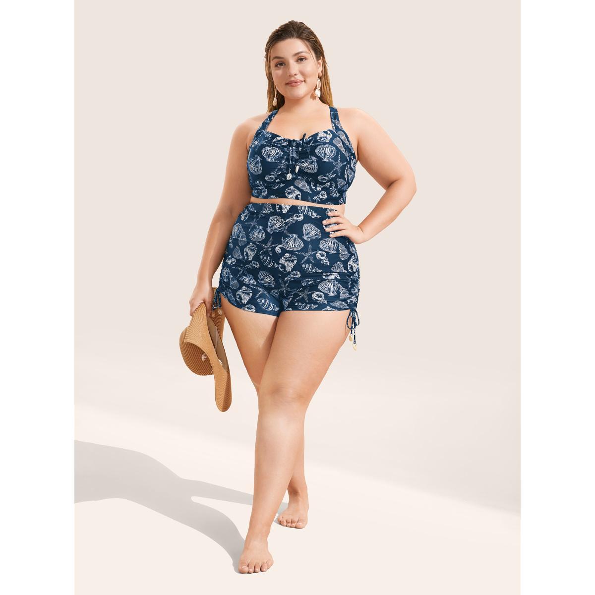 Plus Size Shell Print Drawstring Side Skinny Swim Bottom Women's Swimwear Indigo Beach Drawstring High stretch Skinny High Rise Curve Swim Bottoms BloomChic 22-24/3X Product Image
