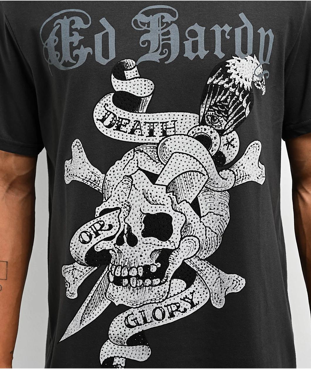 Ed Hardy Death Or Glory Skull Rhinestone Charcoal T-Shirt Product Image