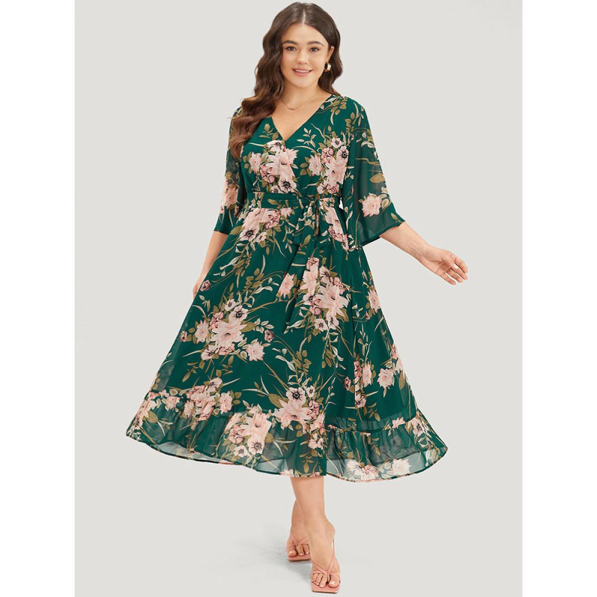 Plus Size Floral Print Surplice Neck Belted Dress DarkGreen Women Elegant Lined V-neck Elbow-length sleeve Curvy Midi Dress BloomChic 26/4X Product Image