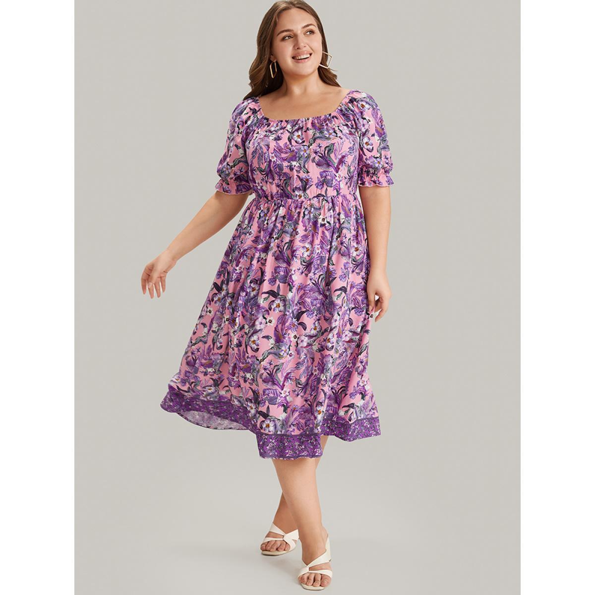 Plus Size Floral Square Neck Ruffles Pocket Puff Sleeve Midi Dress Pink Women Elegant Pocket Square Neck Short sleeve Curvy Midi Dress BloomChic 10/M Product Image