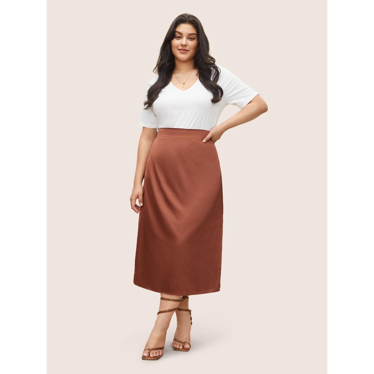 Plus Size Satin Split Side Elastic Waist Skirt Women Chocolate Elegant Non No stretch Everyday Skirts BloomChic 28/5X Product Image