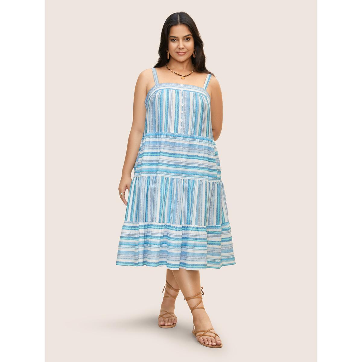 Plus Size Striped Button Detail Ruffle Layered Hem Dress Cerulean Women Resort Gathered Square Neck Sleeveless Curvy BloomChic 30/6X Product Image