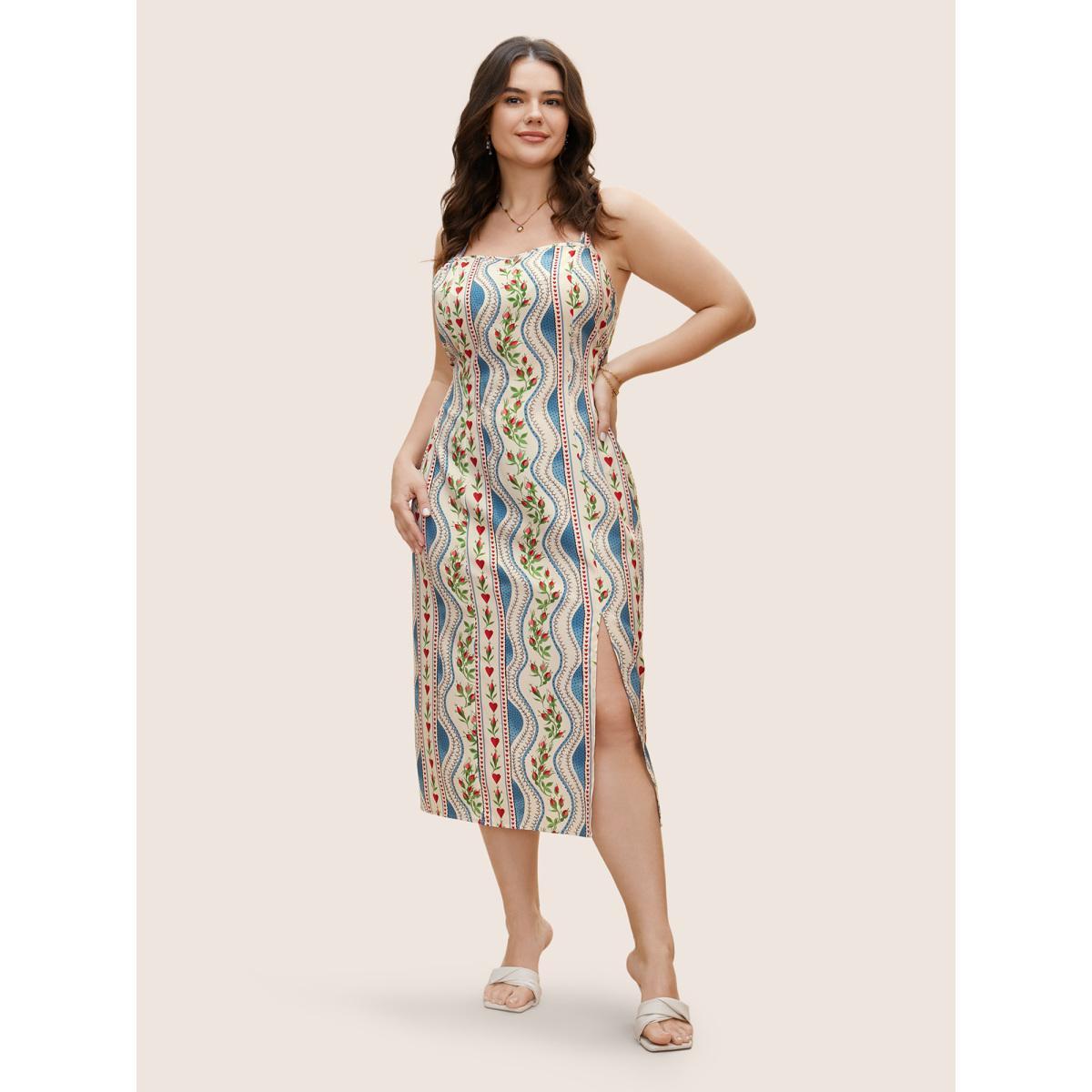 Plus Size Boho Print Split Front Cami Dress Skyblue Women Elegant Slit Non Sleeveless Curvy BloomChic 14-16/1X Product Image