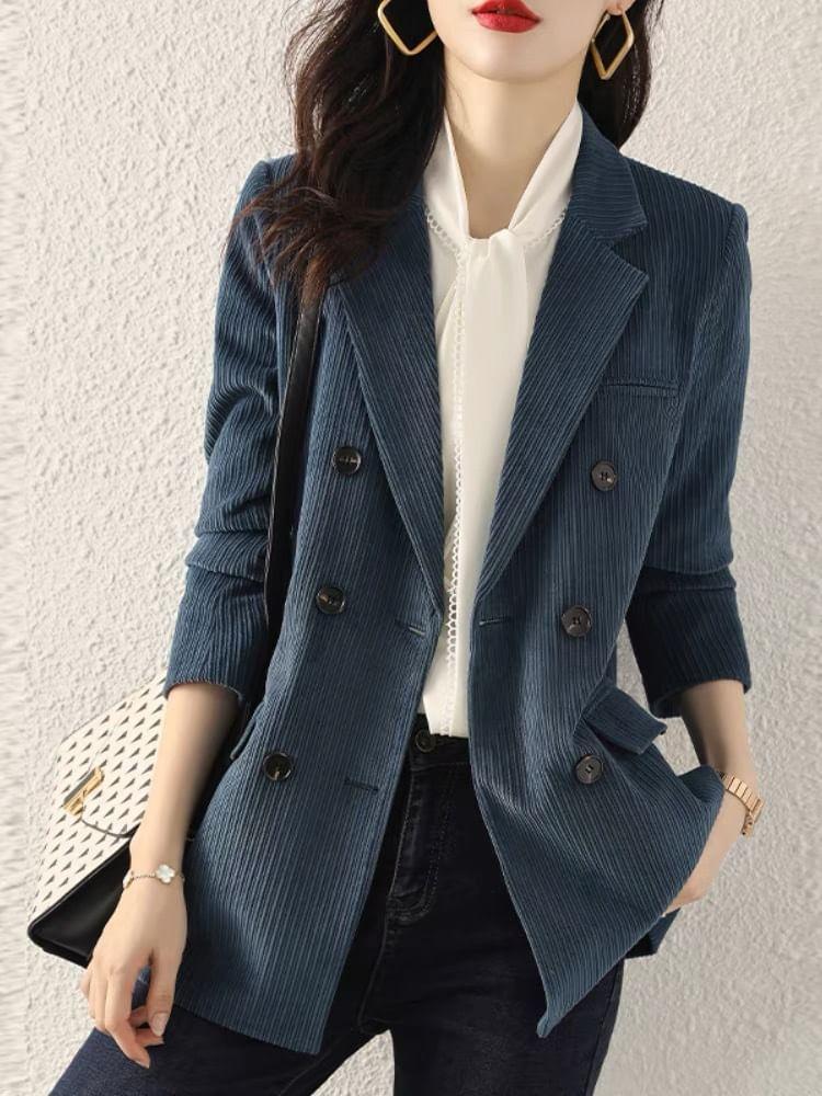 Lapel Collared Corduroy Double-Breasted Long Blazer Product Image