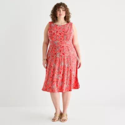Perceptions Womens Sleeveless Floral Midi Fit + Flare Dress Plus Product Image