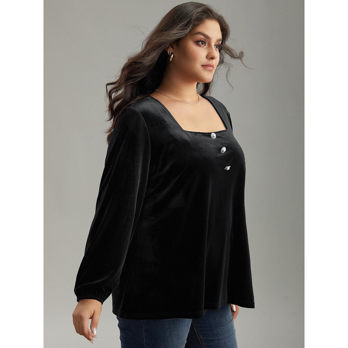 Plus Size Black Velvet Metal Button Detail Blouse Women Elegant Long Sleeve Square Neck Dailywear Blouses BloomChic 10/M Product Image
