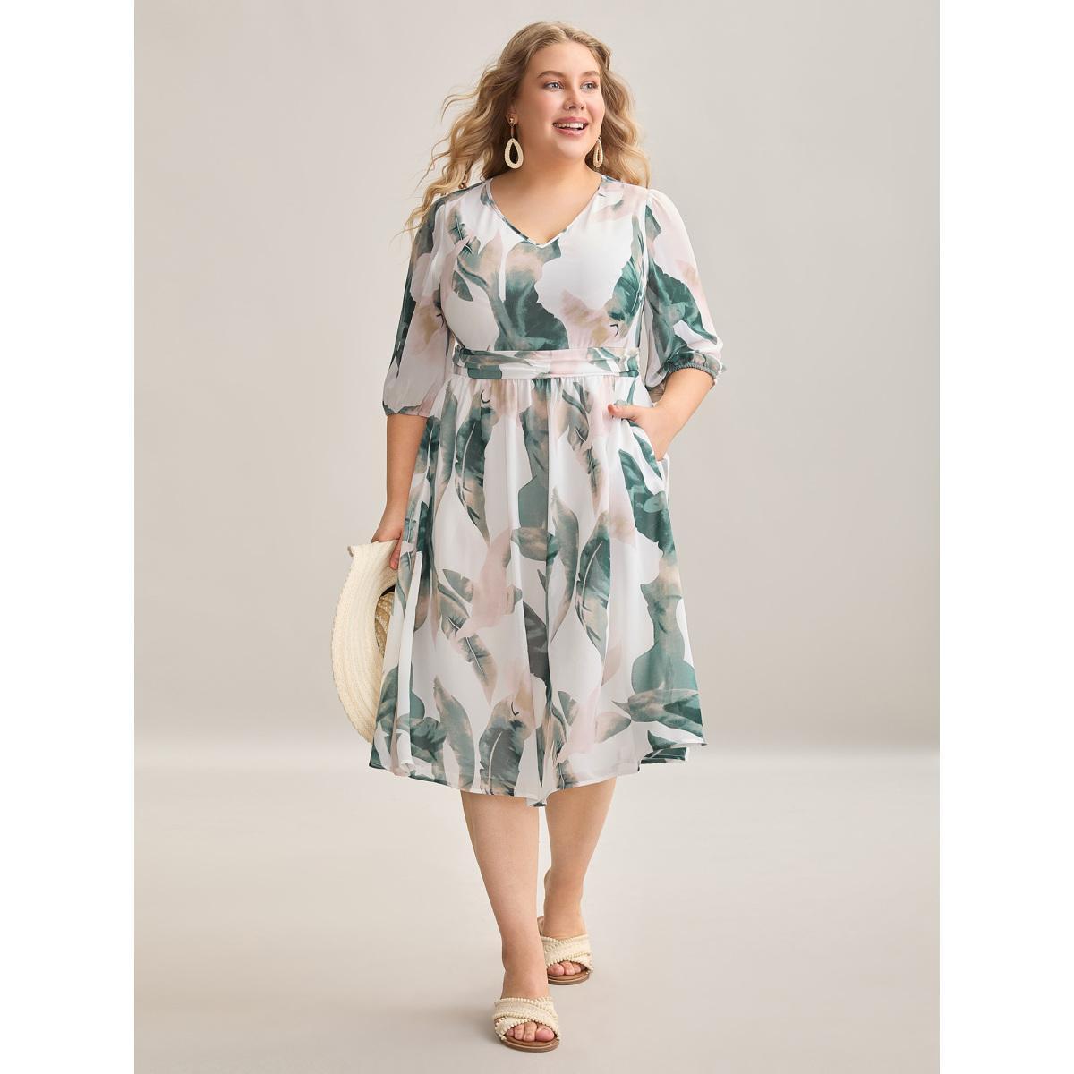 Plus Size Sheer Chiffon Shirred Pockets Midi Dress Malachitegreen Women Resort Gathered V-neck Elbow-length sleeve Curvy BloomChic 14-16/1X Product Image