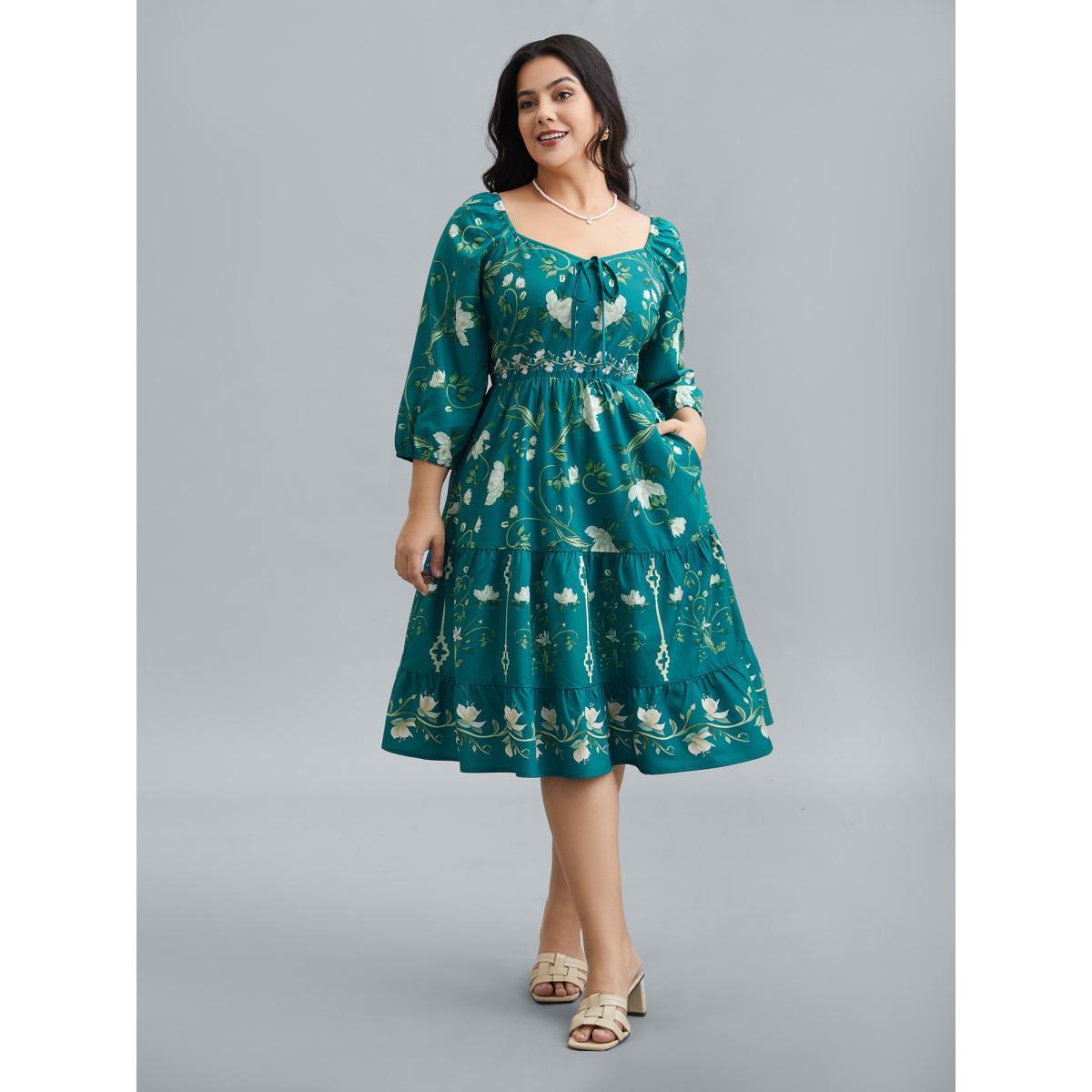 Plus Size Floral Print Lantern Sleeve Tiered Midi Dress Emerald Women Elegant Tie knot Heart neckline Elbow-length sleeve Curvy BloomChic 12/L Product Image