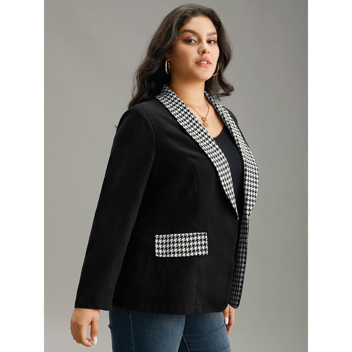 Plus Size Houndstooth Patchwork Contrast Twill Lapel Collar Blazer Black Women Dailywear Houndstooth Contrast Sleeve Long Sleeve Lapel Collar 28/5X Casual Blazers BloomChic Product Image