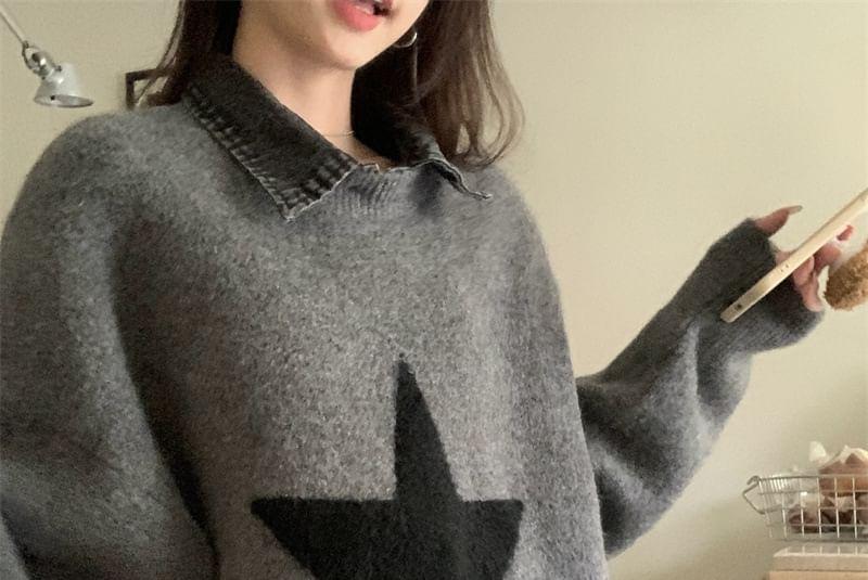 Mock Two-Piece Denim Collar Star Jacquard Sweater Product Image