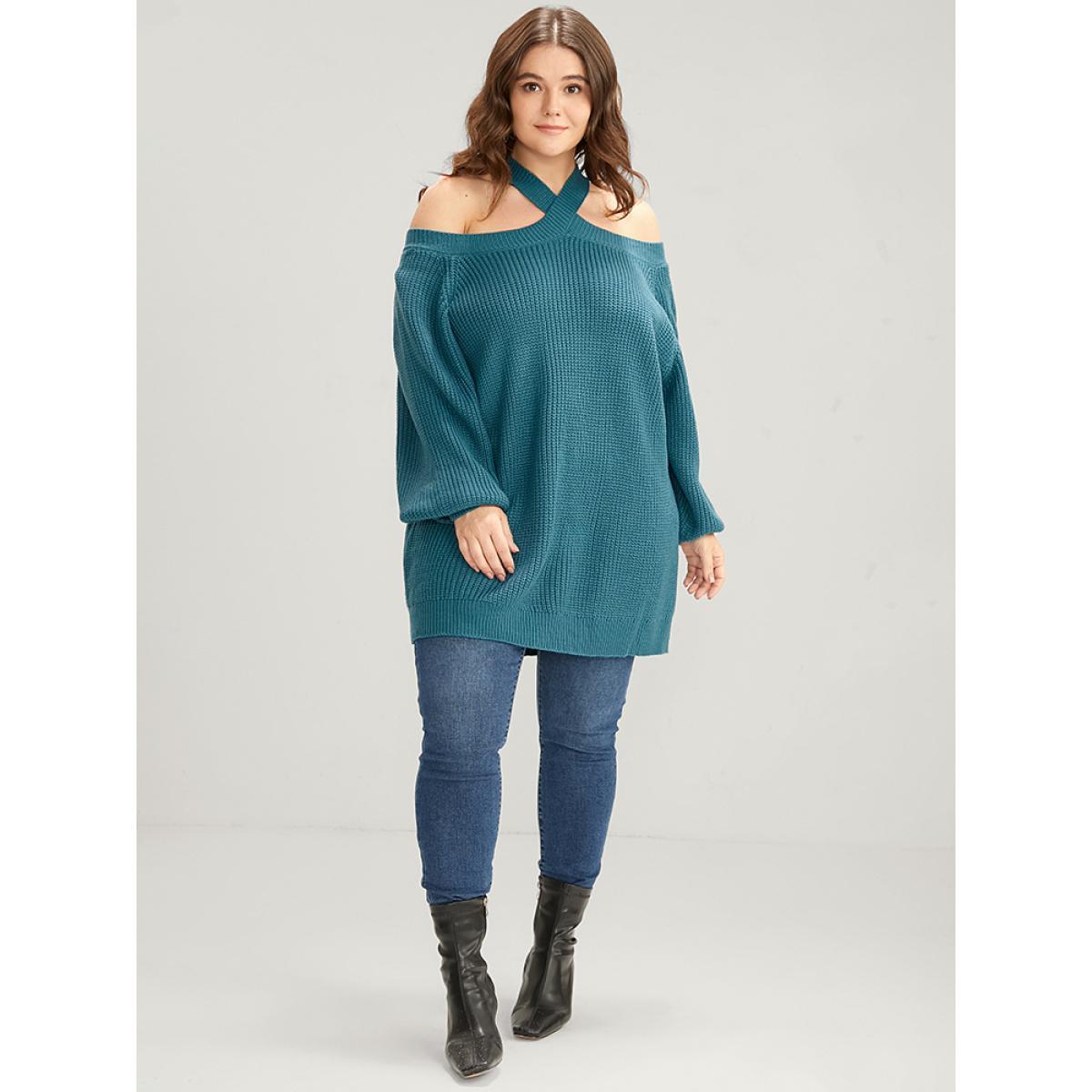 Plus Size Solid Pointelle Knit Lantern Sleeve Cold Shoulder Knit Top Aegean Women Casual Loose Long Sleeve Cold Shoulder Everyday Pullovers BloomChic 10/M Product Image