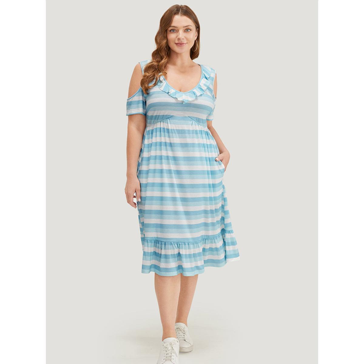 Plus Size Striped Contrast Pocket Ruffle Trim Cold Shoulder Dress LightBlue Women Casual Contrast Cold Shoulder Short sleeve Curvy Midi Dress BloomChic 28/5X Product Image