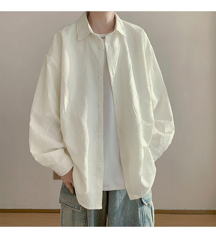 Long Sleeve Collared Plain Textured Shirt Product Image