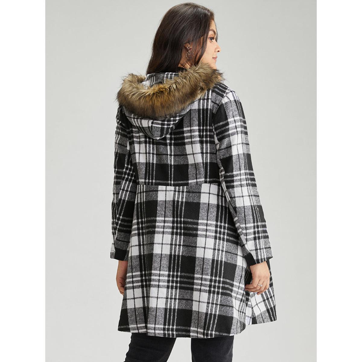 Plus Size Plaid Patchwork Duffle Button Fuzzy Trim Coat Women Black Casual Lined Ladies Dailywear Winter Coats BloomChic 22-24/3X Product Image