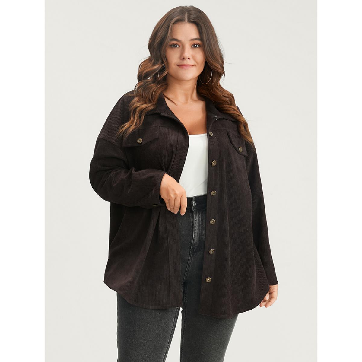 Plus Size Solid Button Up Pocket Corduroy Coat Women DarkBrown Casual Button Ladies Dailywear Winter Coats BloomChic 28/5X Product Image