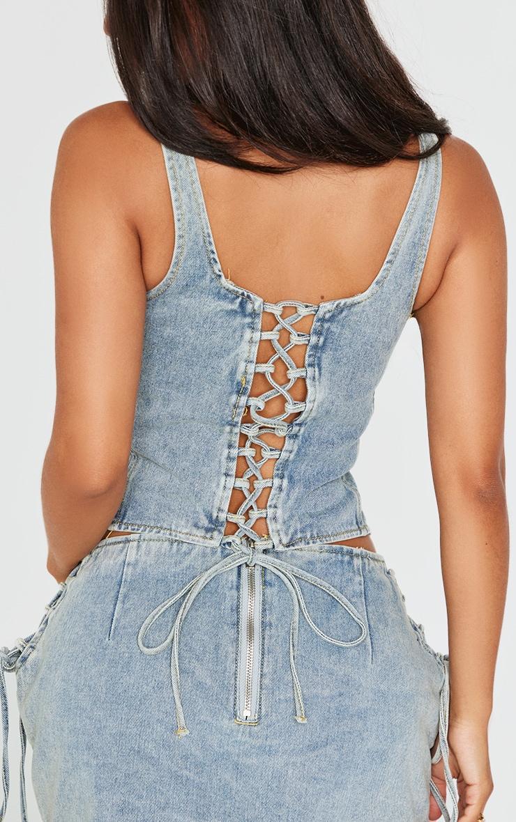 Petite Vintage Wash Denim Lace Up Corset Top Product Image