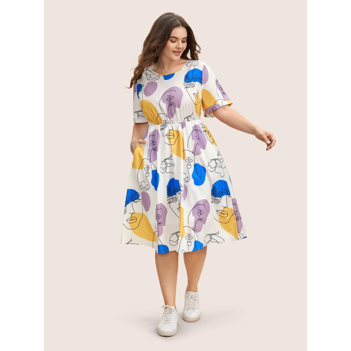 Plus Size Colorblock Contrast Graffiti Elastic Waist Dress Originalwhite Women Casual Gathered Round Neck Short sleeve Curvy BloomChic 30/6X Product Image