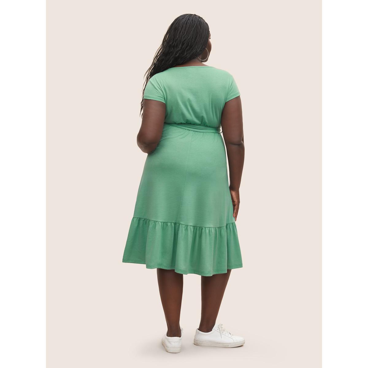 Plus Size Supersoft Essentials Solid Belted Patchwork Hem Dress Mint Women Basics Non Round Neck Cap Sleeve Curvy Midi Dress BloomChic 14-16/1X Product Image