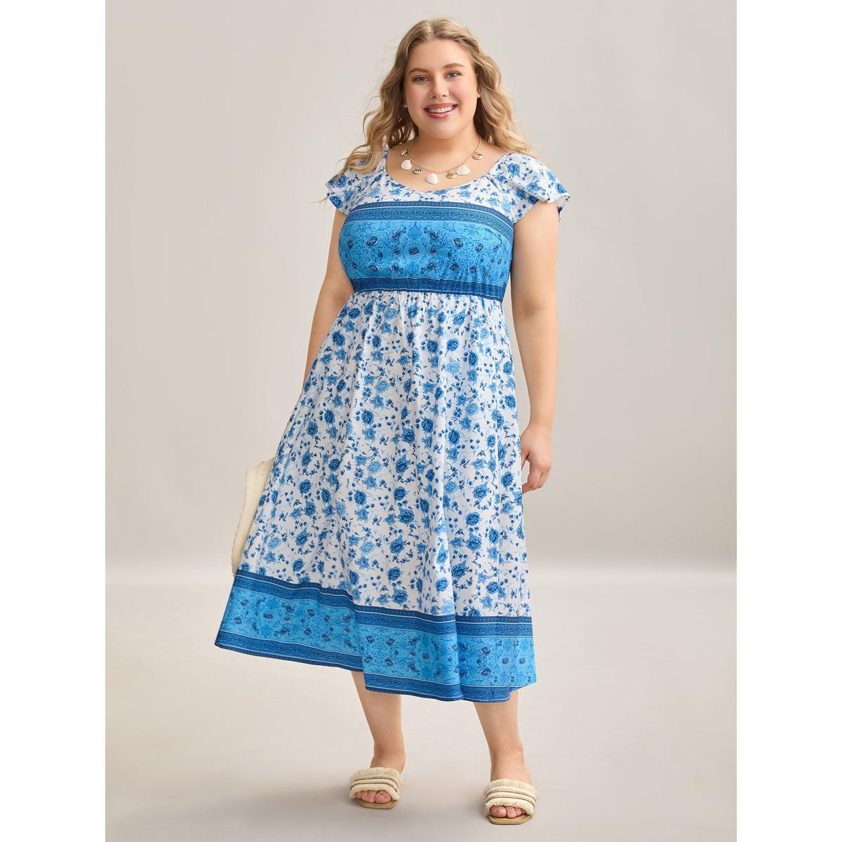 Plus Size Contrast Floral Print Pockets Midi Dress DarkBlue Women Resort Contrast Heart neckline Cap Sleeve Curvy BloomChic 14-16/1X Product Image