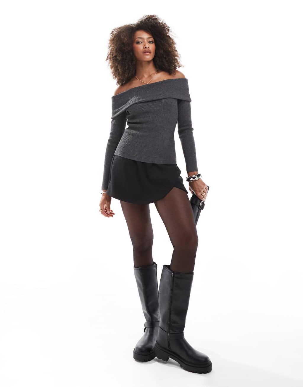 Miss Selfridge fold over knit ribbed bardot sweater in charcoal Product Image