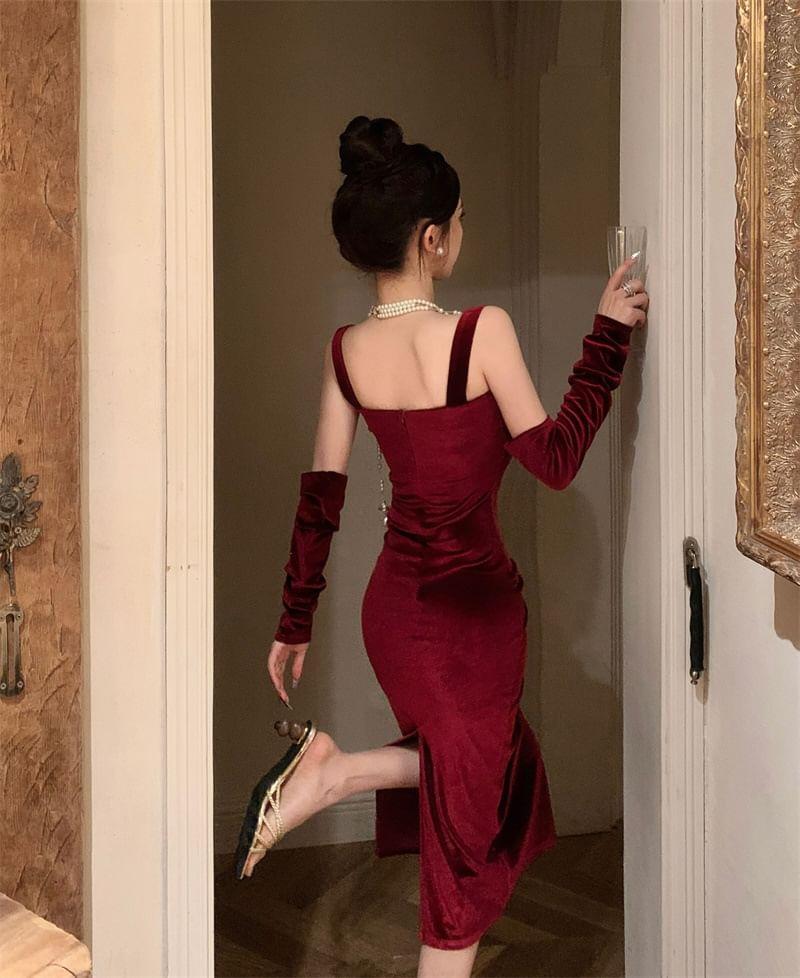 Wide Strap Velvet Midi Bodycon Dress Product Image