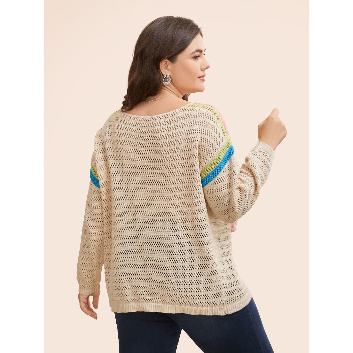 Plus Size Colored Stereo Flower Design Pullover Beige Women Casual Three Quater Length Sleeve Boat Neck Everyday Pullovers BloomChic 30/6X Product Image