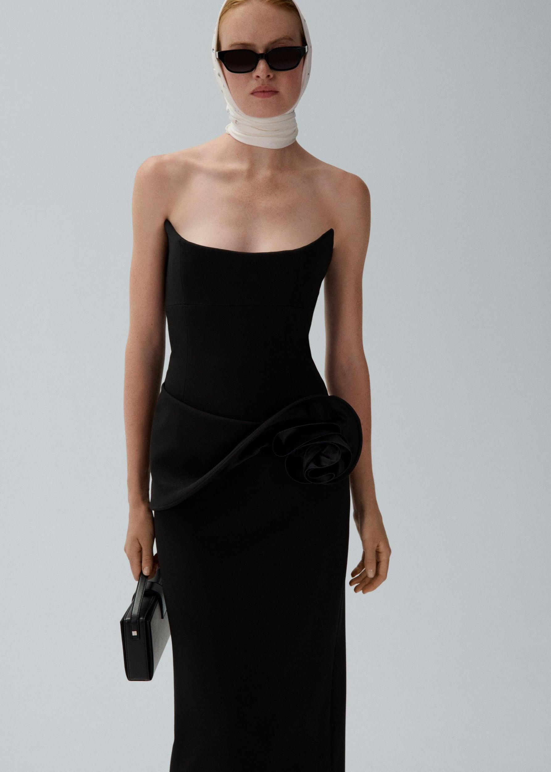 Floral appliqué bustier midi dress in black Product Image