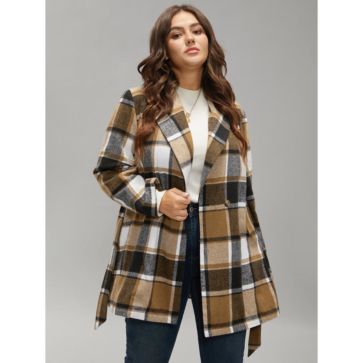 Plus Size Plaid Contrast Belted Lapel Collar Coat Women Tan Casual Belted Ladies Dailywear Winter Coats BloomChic 10/M Product Image
