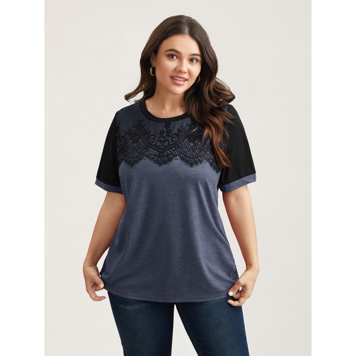 Plus Size Stretchy Scalloped Lace Color Contrast T-Shirt Indigo Women Elegant Contrast Round Neck Everyday T-shirts BloomChic 22-24/3X Product Image