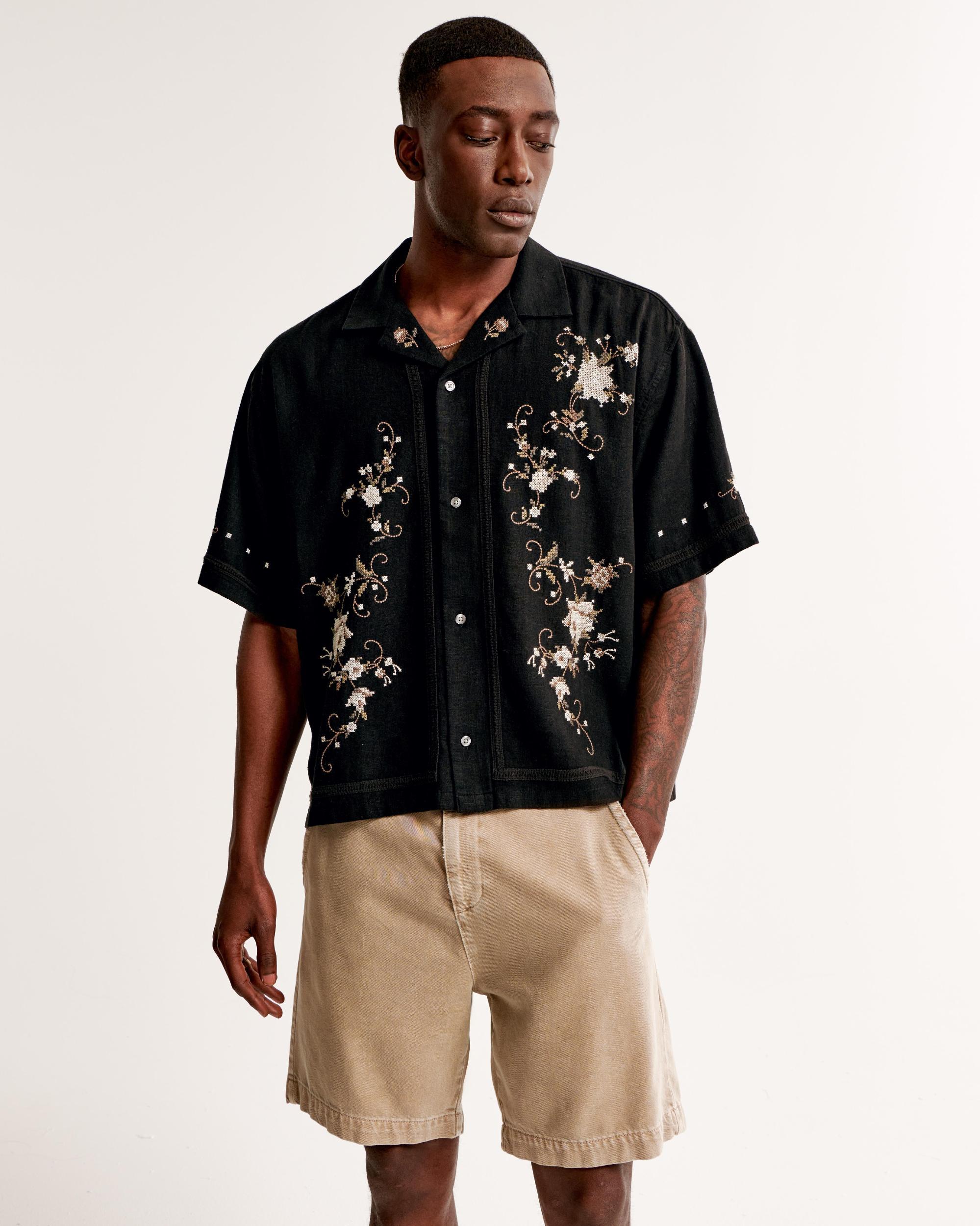 Camp Collar Cropped Summer Linen-Blend Embroidered Shirt Product Image