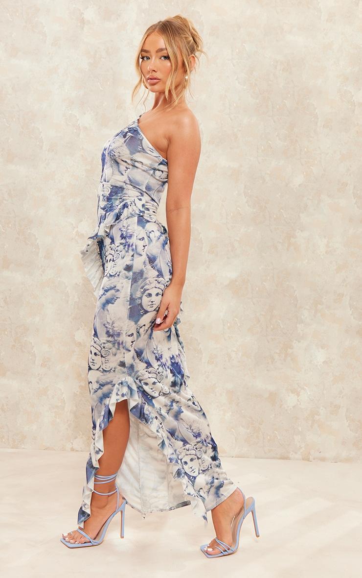 Blue Renaissance Print Acetate Slinky One Shoulder Frill Detail Maxi Dress Product Image
