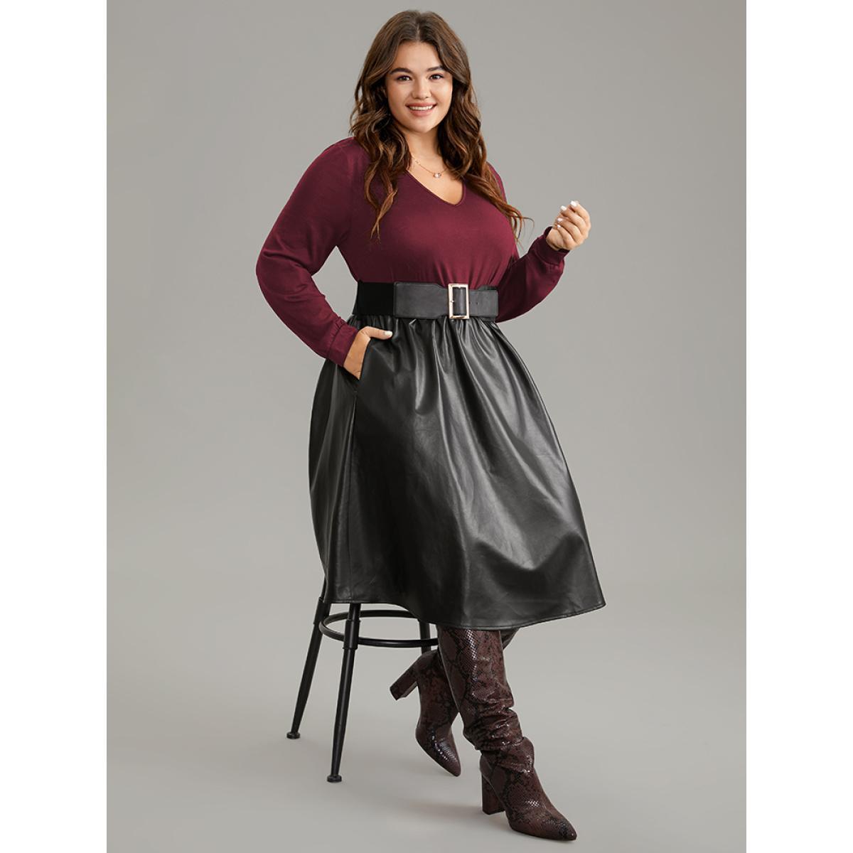 Plus Size PU Patchwork V Neck Dress With Belt Burgundy Women Office Plain V-neck Long Sleeve Curvy Knee Dress BloomChic 18-20/2X Product Image