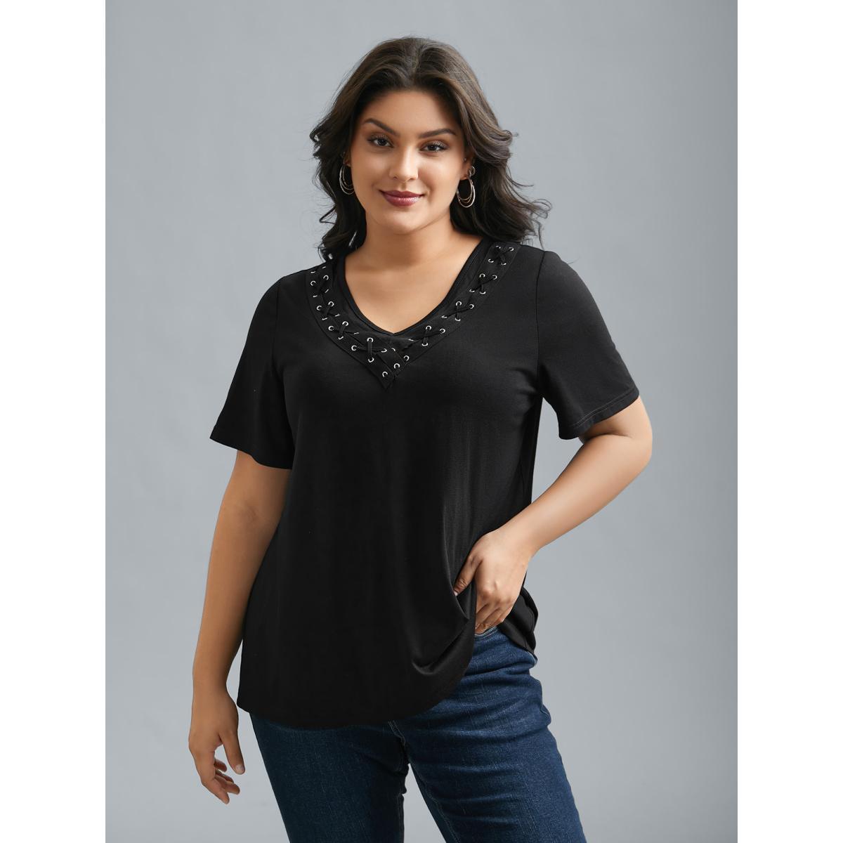 Plus Size Stretchy V-Neck Hollow Fitted T-Shirt Black Women Casual Eyelet V-neck Everyday T-shirts BloomChic 22-24/3X Product Image