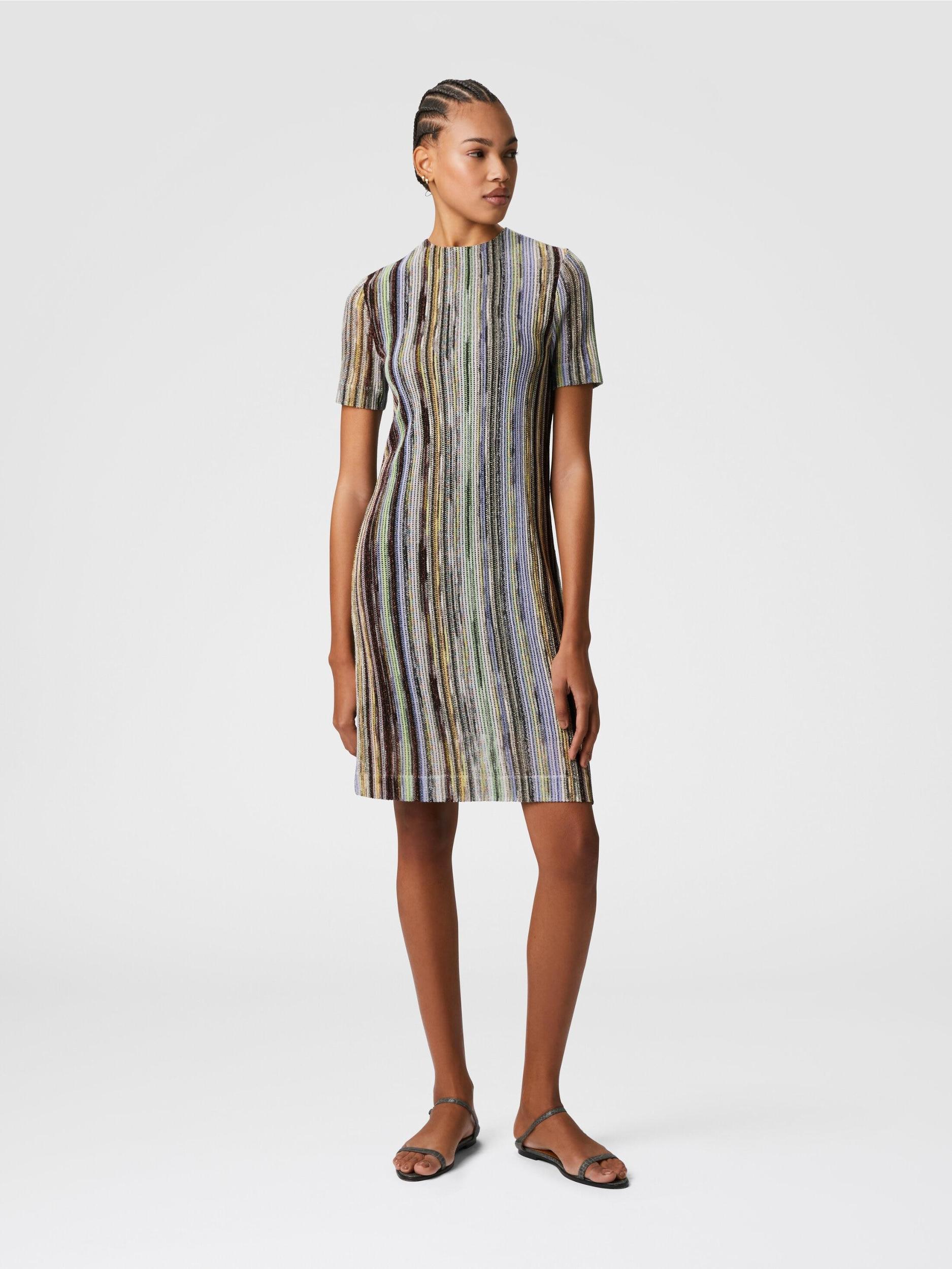 Short-sleeved mini-dress in striped lamé slub viscose Product Image