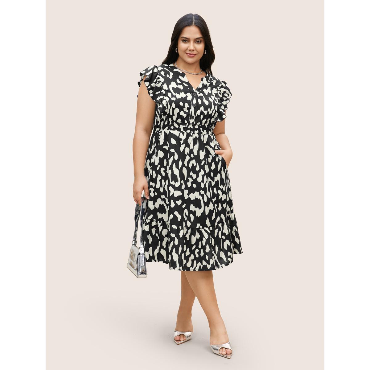 Plus Size Notched Leopard Print Cap Sleeve Ruffles Dress Black Women At the Office Notched collar Cap Sleeve Curvy BloomChic 10/M Product Image