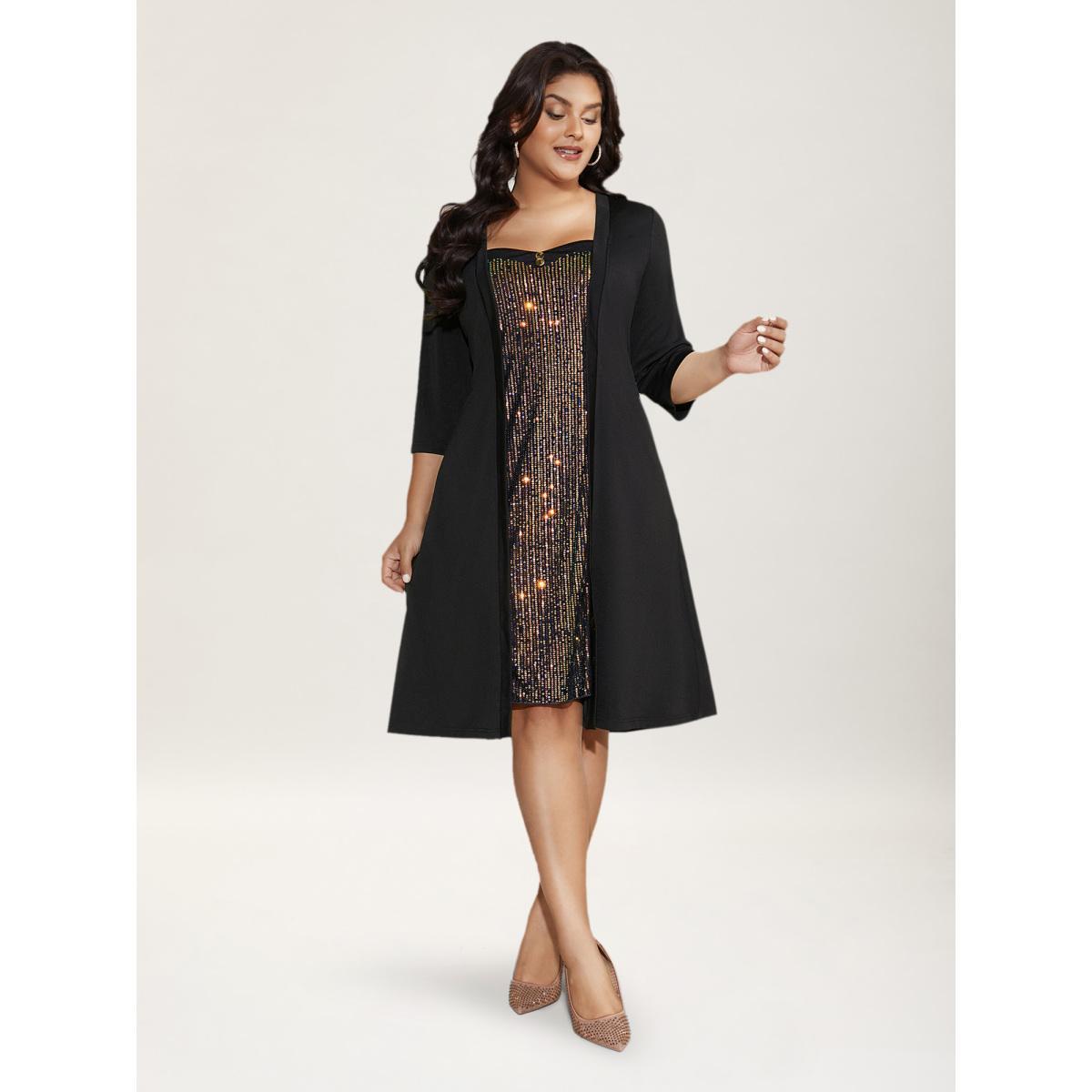 Plus Size Heart Neckline Patchwork Sequin Button Detail Dress Black Women Cocktail Texture Party Curvy Bloomchic 28/5X Product Image
