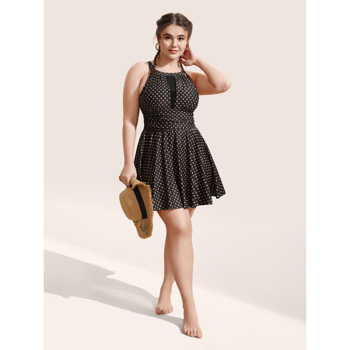 Plus Size Polka Dot Halter Neck Gathered Swim Dress Women's Swimwear Black Beach Bodycon Halter neck High stretch Curve Swim Dresses BloomChic 14-16/1X Product Image