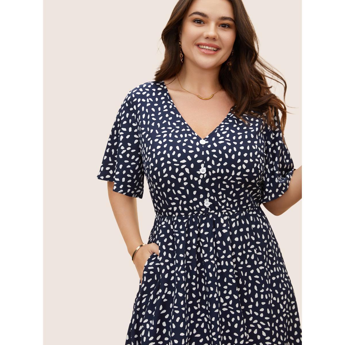 Plus Size Polka Dot Button Detail Ruffle Sleeve Pleated Dress DarkBlue Women Elegant Button V-neck Short sleeve Curvy BloomChic 12/L Product Image