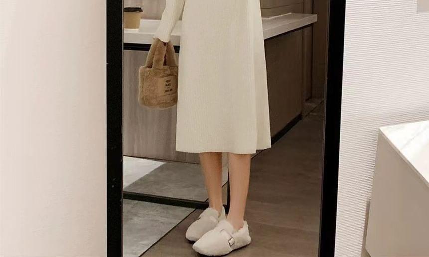 Long Sleeve Round Neck Plain Cutout Ribbed Knit Midi Bodycon Dress Product Image