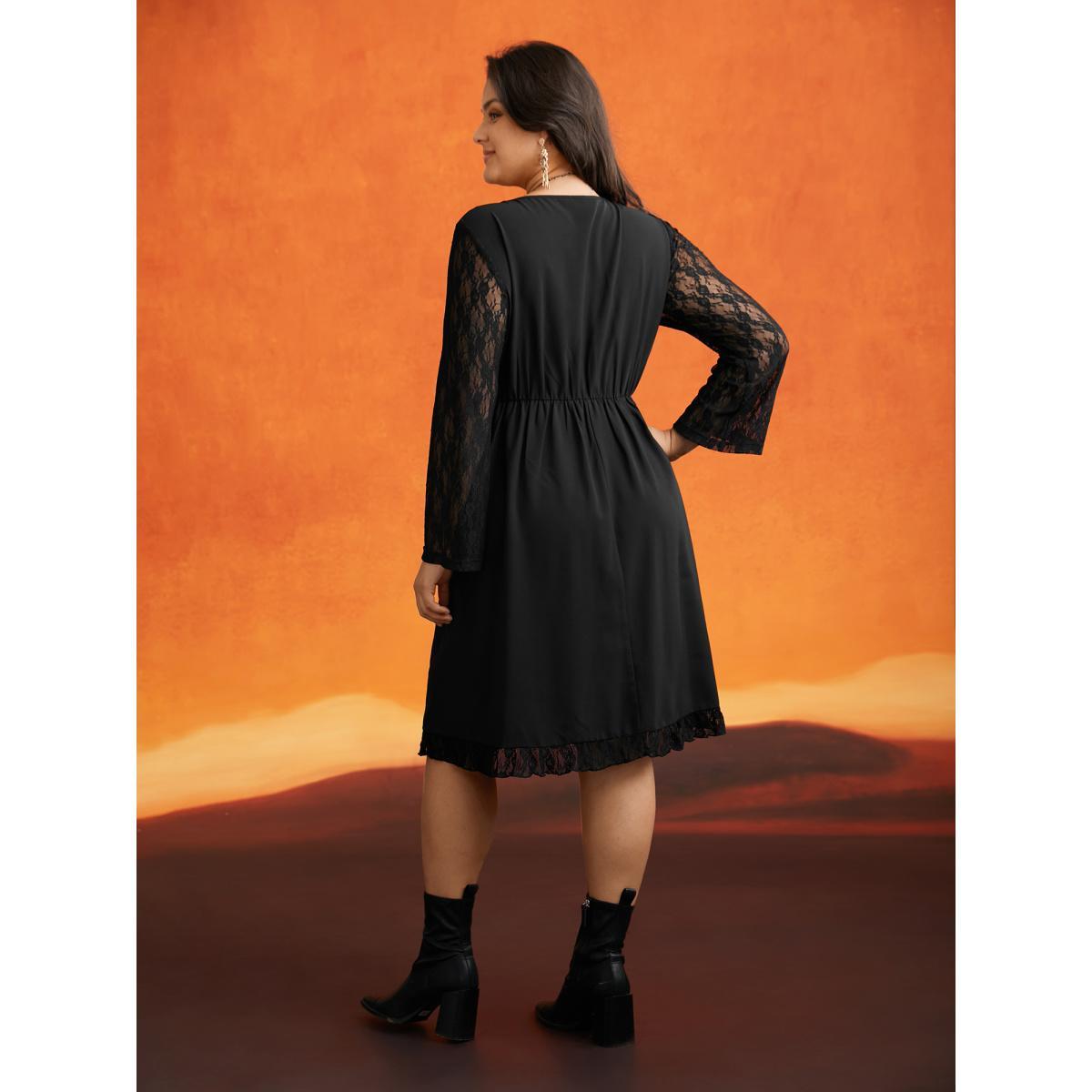 Plus Size Spellbound Lace Sleeves Square Neckline Midi Dress Black Women Cocktail Woven ribbon&lace trim Party Curvy Bloomchic 30/6X Product Image